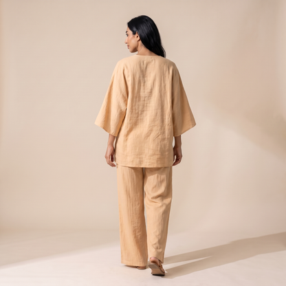 Sunoire harajuku vintage solid loose 2 piece outfits woman sexy v neck top pullover casual pants sets spring batwing sleeve boho suits back view 01