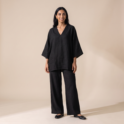 Sunoire harajuku vintage solid loose 2 piece outfits woman sexy v neck top pullover casual pants sets spring batwing sleeve boho suits colorway black front hero 01
