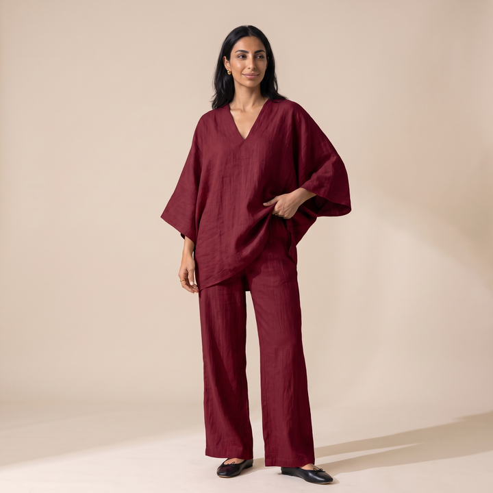 Iris Apricot Linen V-Neck Set — Wine Red