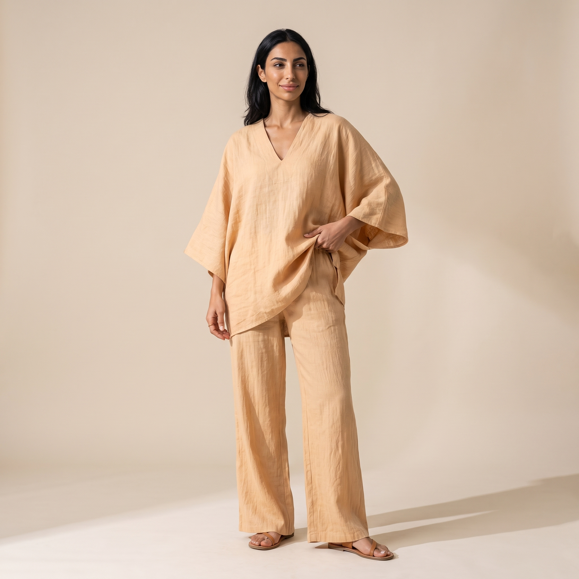 Sunoire harajuku vintage solid loose 2 piece outfits woman sexy v neck top pullover casual pants sets spring batwing sleeve boho suits front hero 01