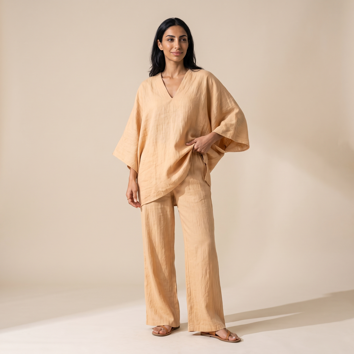 Sunoire harajuku vintage solid loose 2 piece outfits woman sexy v neck top pullover casual pants sets spring batwing sleeve boho suits front hero 01