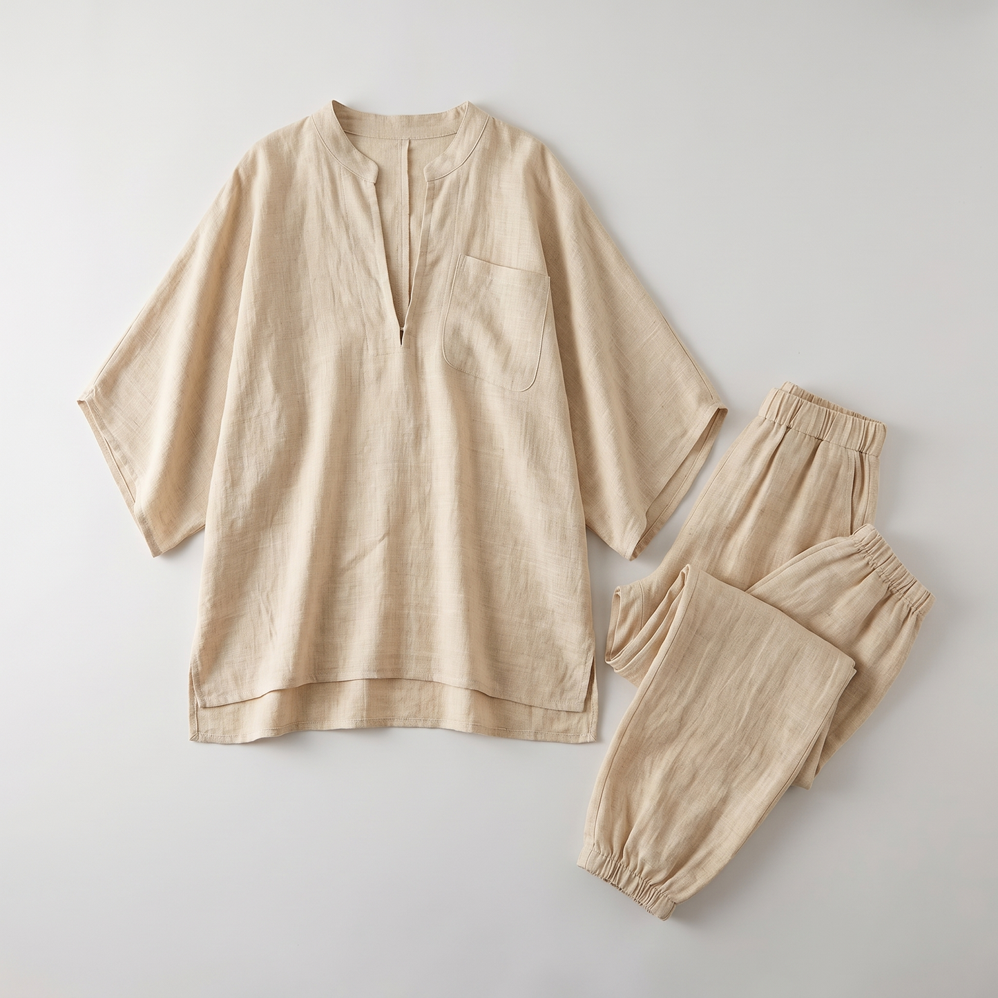 Sunoire harajuku vintage solid loose 2 piece outfits woman sexy v neck top pullover casual pants sets spring batwing sleeve boho suits garment flatlay 01