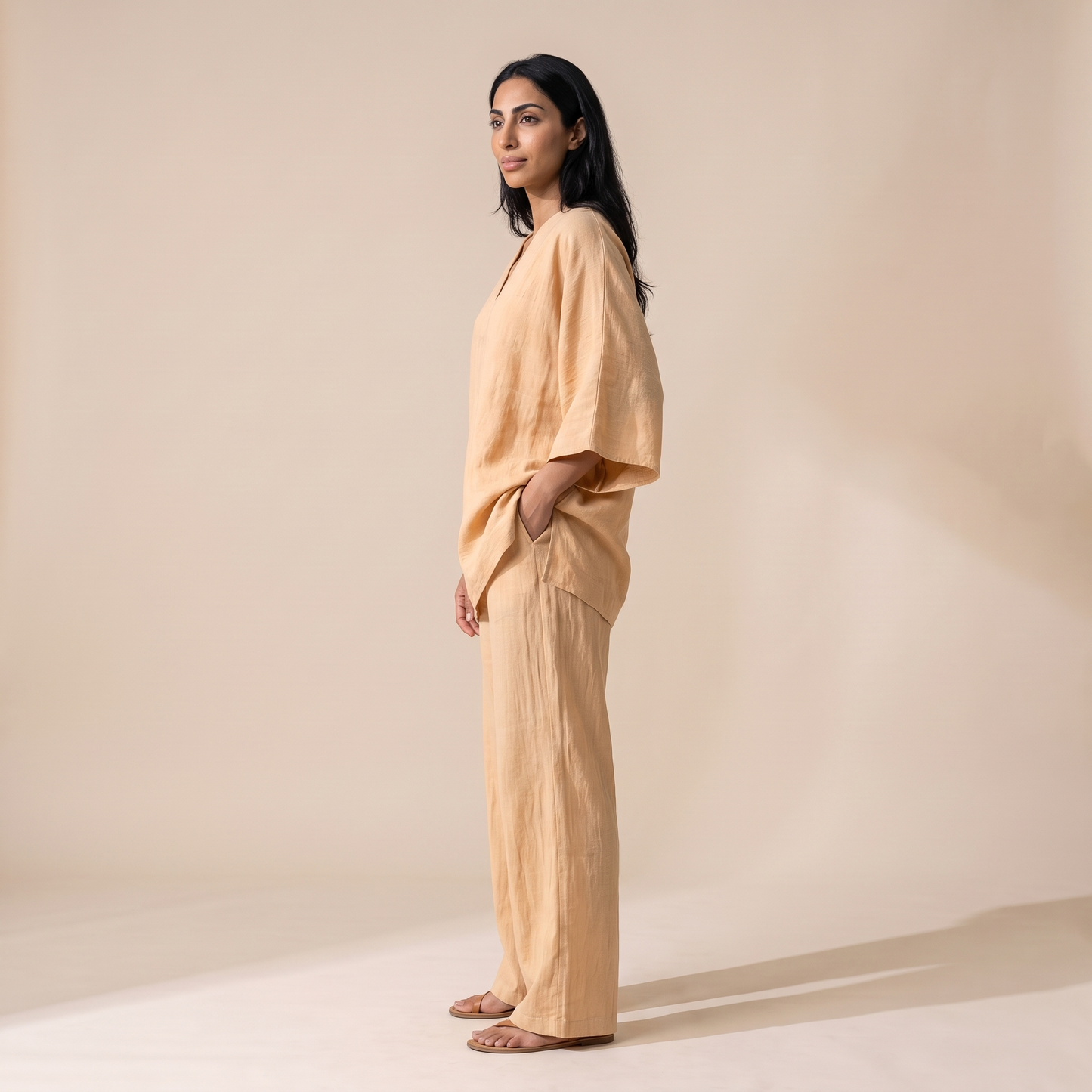 Sunoire harajuku vintage solid loose 2 piece outfits woman sexy v neck top pullover casual pants sets spring batwing sleeve boho suits side view 01