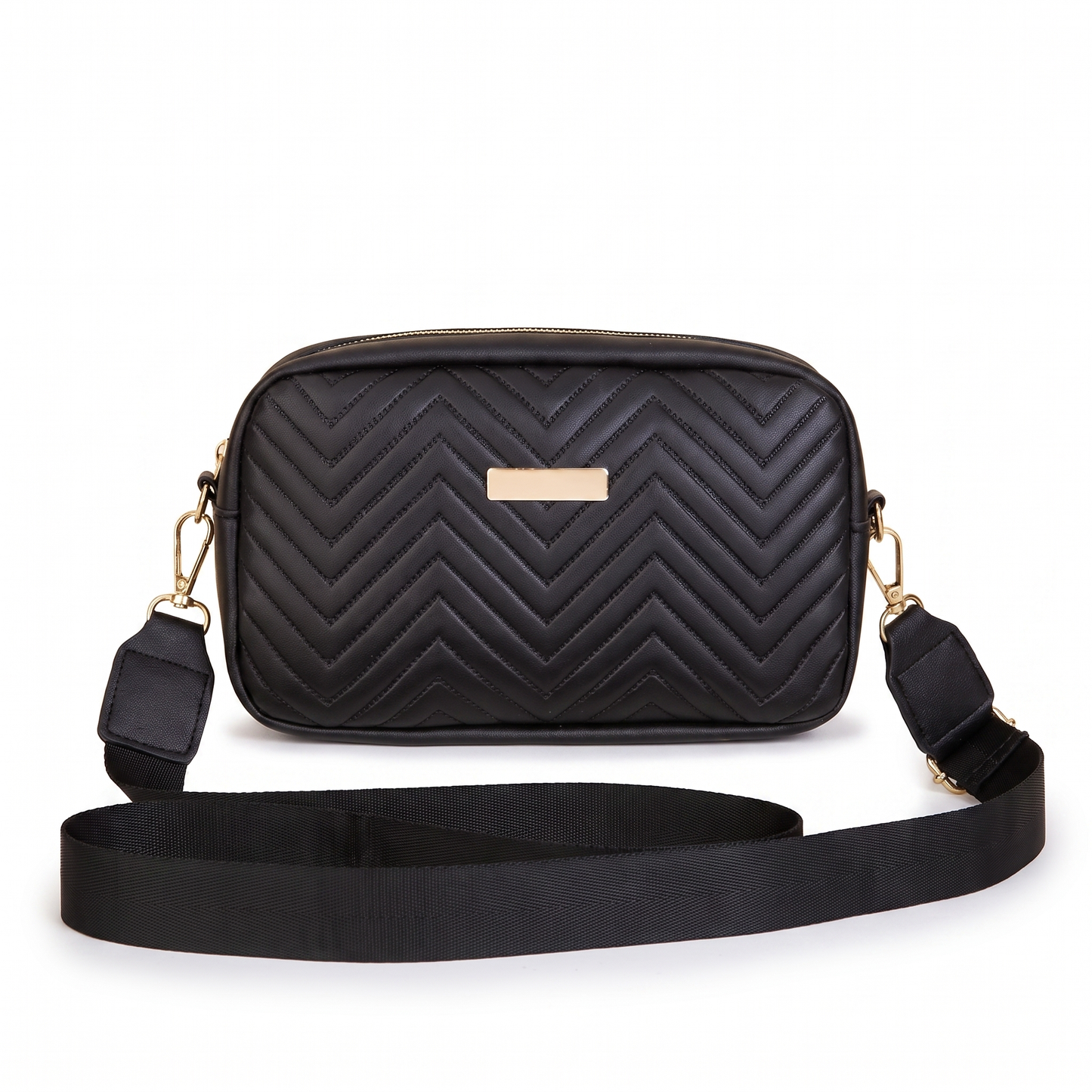 Sunoire harlow black quilted camera bag garment flatlay 01