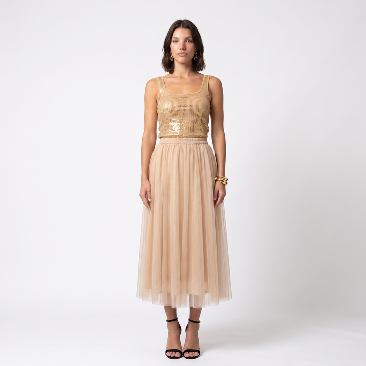 Women's Tulle A-Line Maxi Skirt – Black Going Out Party — Beige