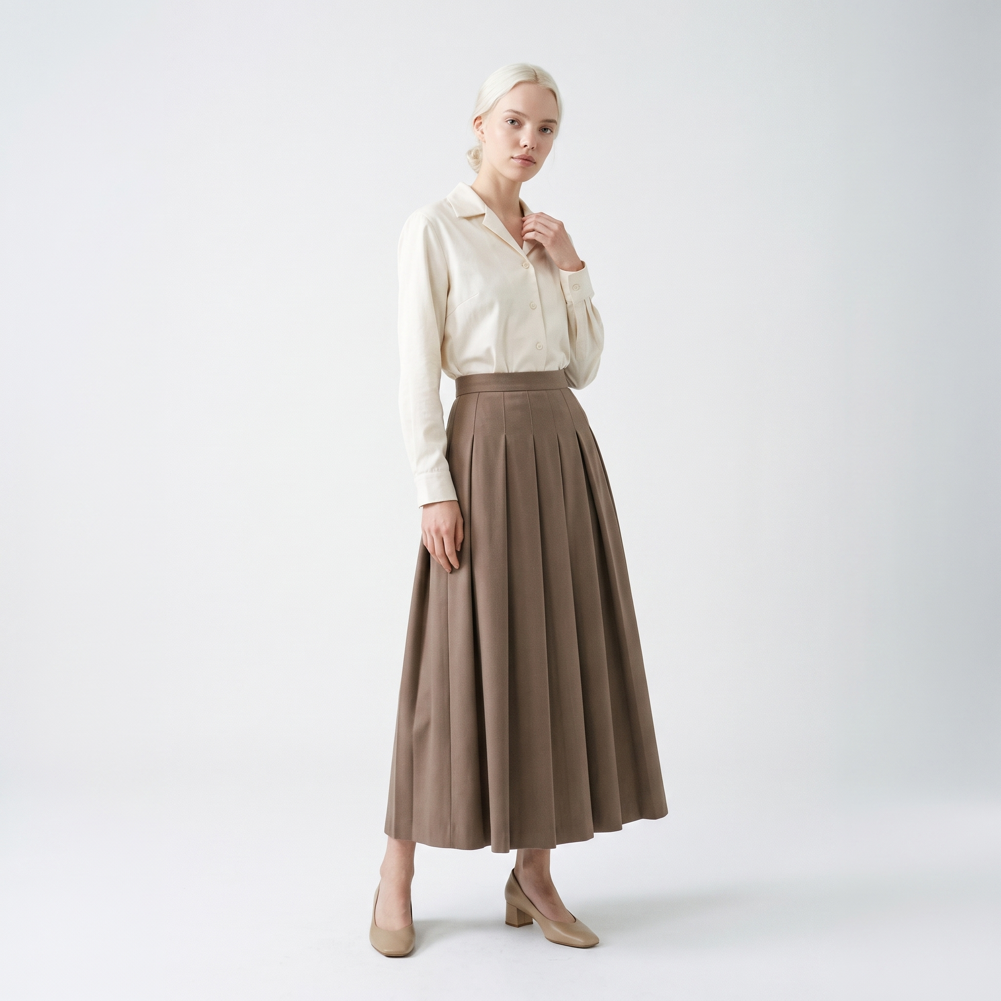 Sunoire heidi mode hochtaillierter faltenrock aus wolle front hero 01