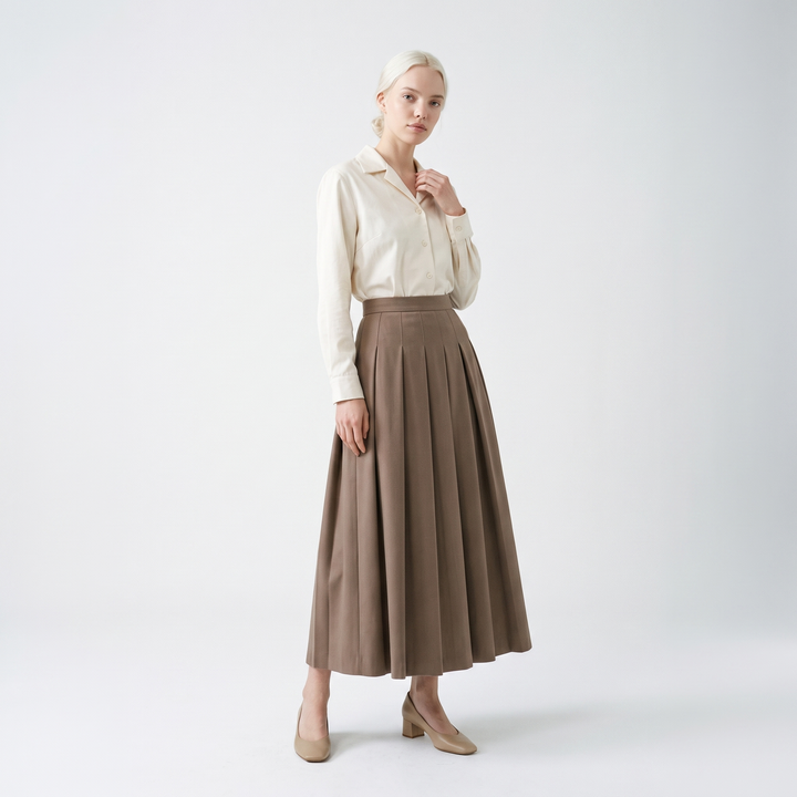 Sunoire heidi mode hochtaillierter faltenrock aus wolle front hero 01