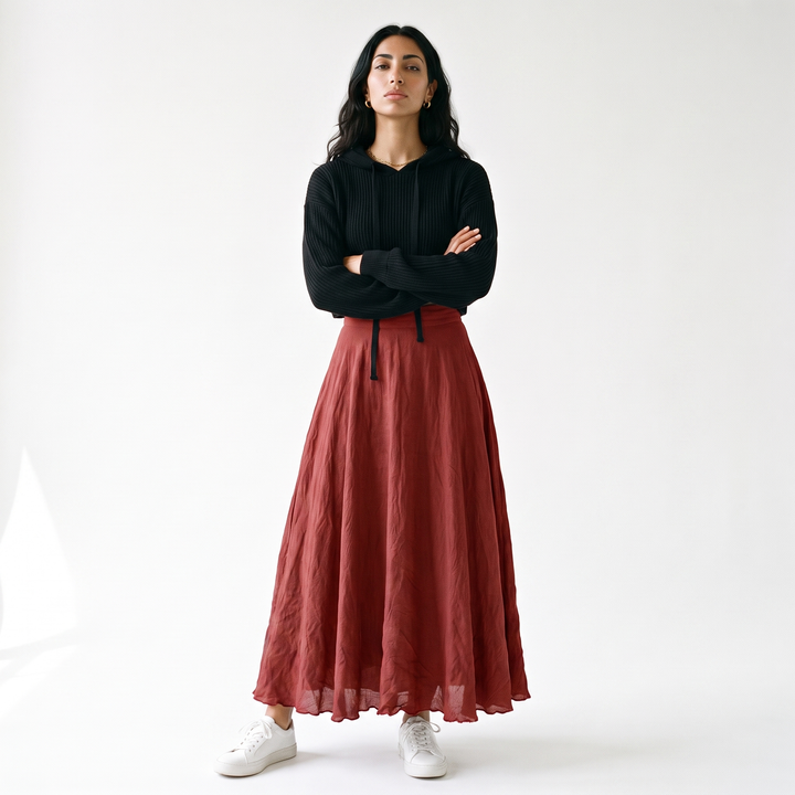Women's Linen Circle Maxi Skirt – Pink Everyday Casual — Red