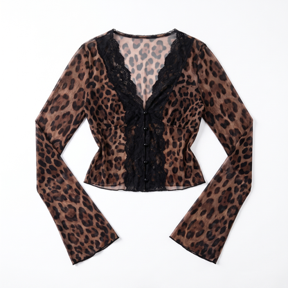 Women's Leopard Print Lace Long Sleeve Crop Top – Going Out Top