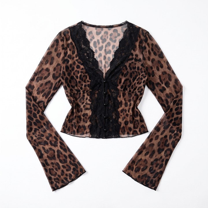 Women's Leopard Print Lace Long Sleeve Crop Top – Going Out Top