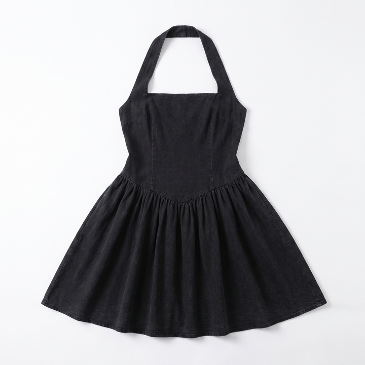 Sunoire high quality autumn halter knitted pleated lady sleeveless elegant mini casual women dress garment flatlay 01