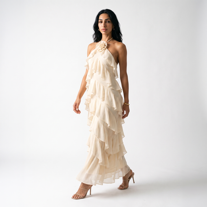 Sunoire high quality solid maxi chiffon plain dyed casual elegant multi layered ruffled shoulder halter dress women eco friendly s m l front hero 01