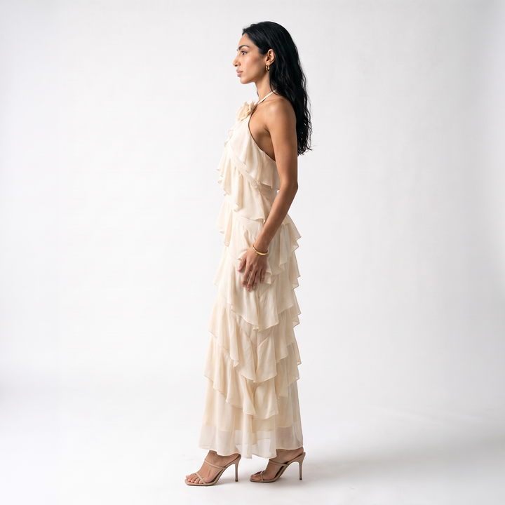 Sunoire high quality solid maxi chiffon plain dyed casual elegant multi layered ruffled shoulder halter dress women eco friendly s m l side view 01