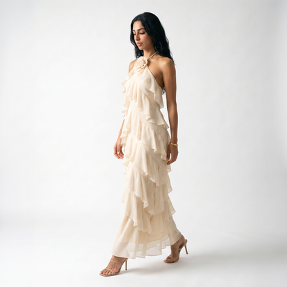Sunoire high quality solid maxi chiffon plain dyed casual elegant multi layered ruffled shoulder halter dress women eco friendly s m l three quarter 01