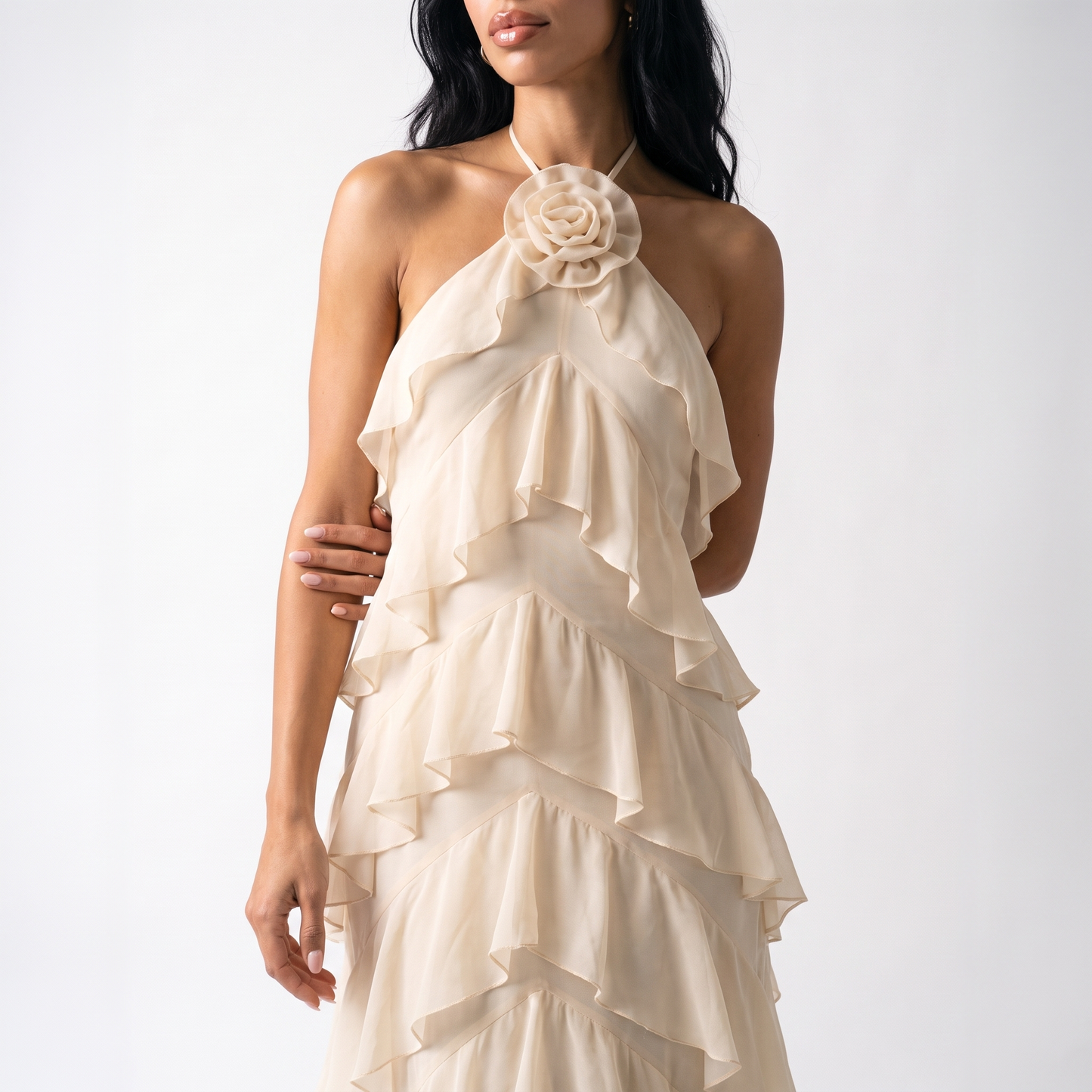 Sunoire high quality solid maxi chiffon plain dyed casual elegant multi layered ruffled shoulder halter dress women eco friendly s m l torso crop 01