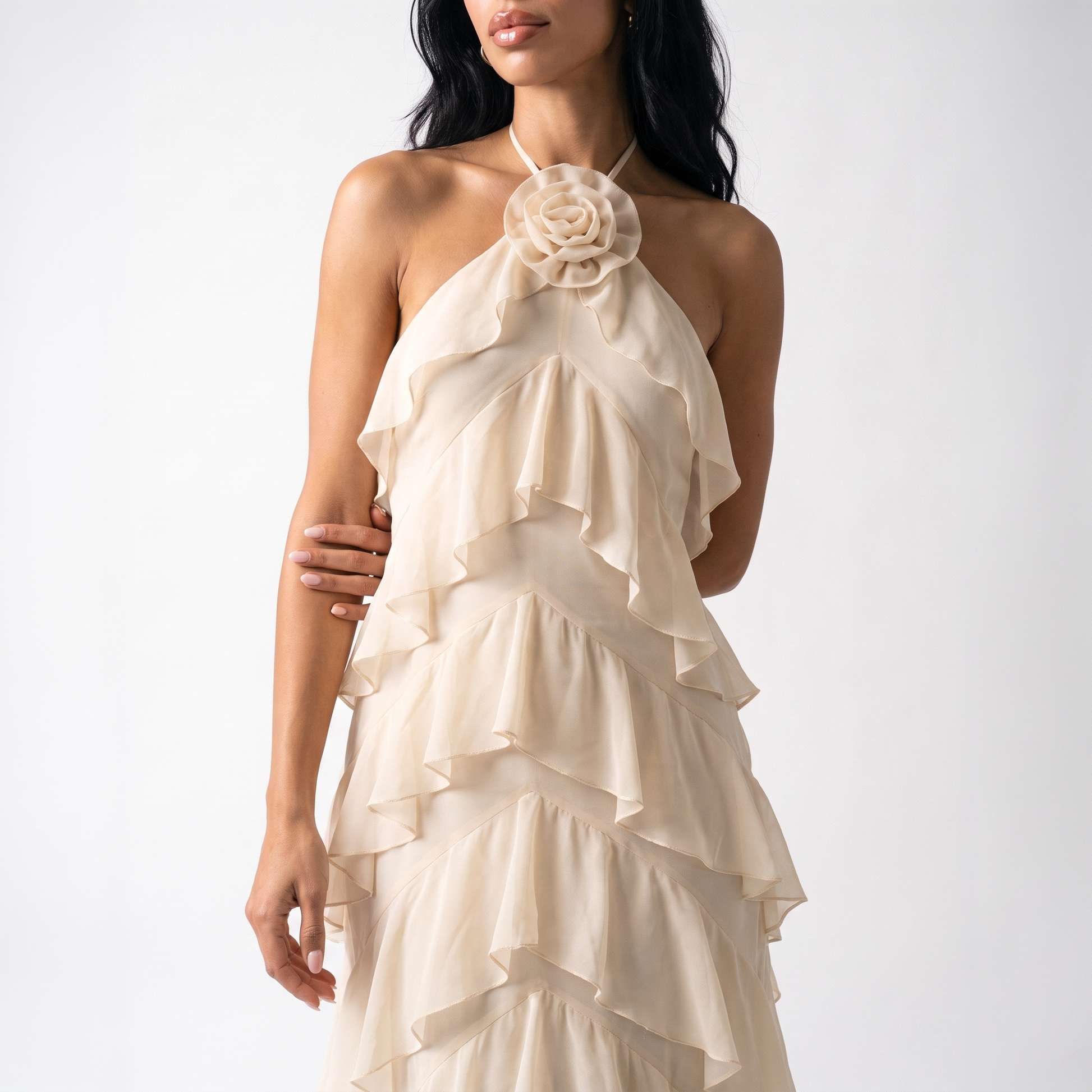 Sunoire high quality solid maxi chiffon plain dyed casual elegant multi layered ruffled shoulder halter dress women eco friendly s m l torso crop 01