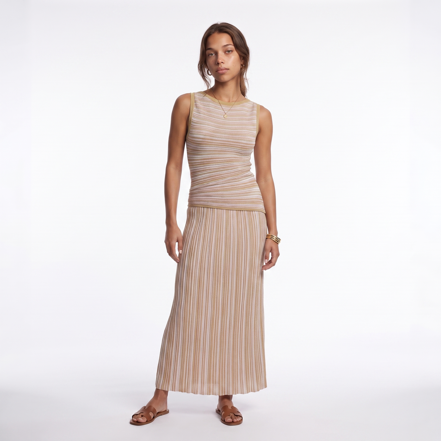Sunoire high quality women s breathable viscose elegant sets color blocked striped regular o neck sleeveless knit top skirt set colorway apricot front hero 01