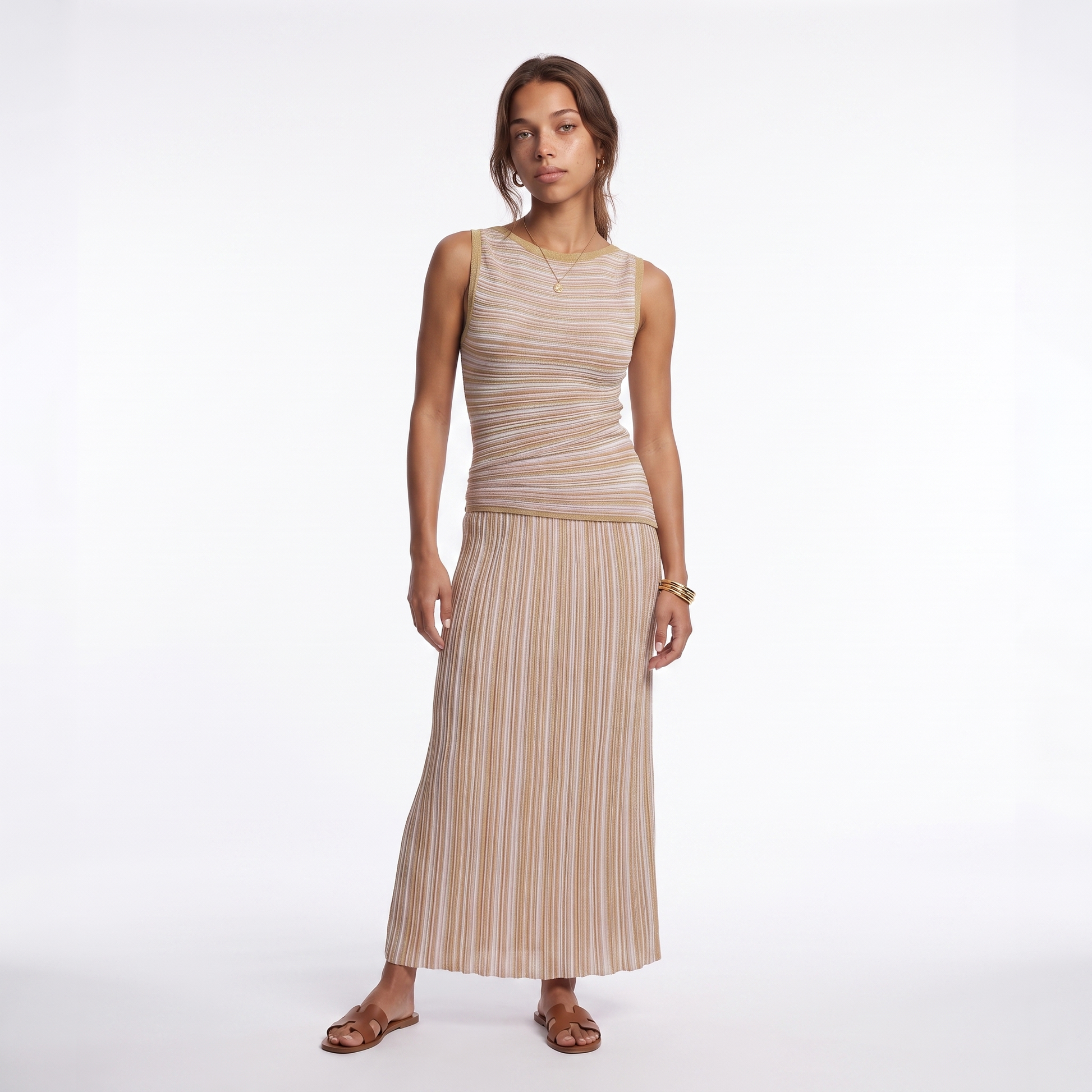Sunoire high quality women s breathable viscose elegant sets color blocked striped regular o neck sleeveless knit top skirt set colorway apricot front hero 01