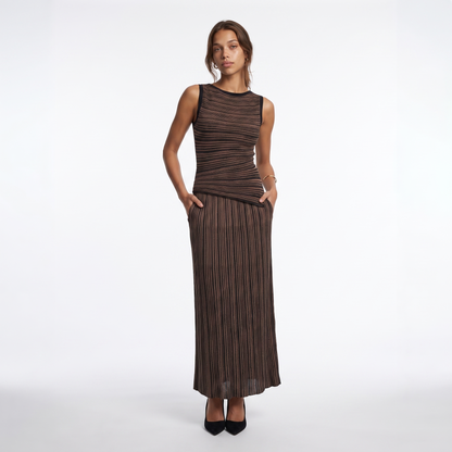 Sunoire high quality women s breathable viscose elegant sets color blocked striped regular o neck sleeveless knit top skirt set front hero 01