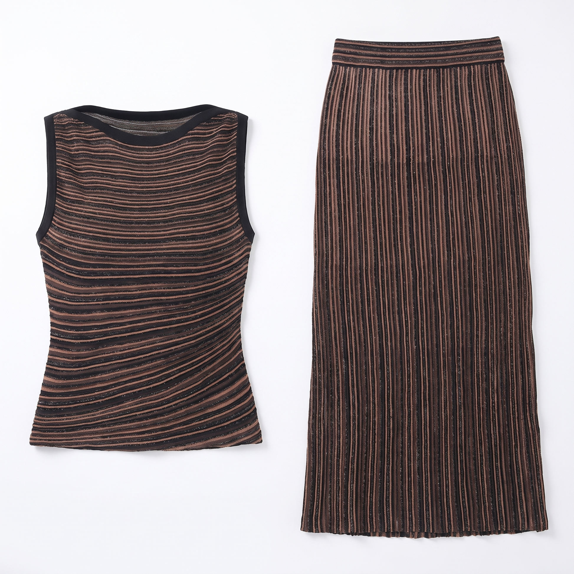 Sunoire high quality women s breathable viscose elegant sets color blocked striped regular o neck sleeveless knit top skirt set garment flatlay 01