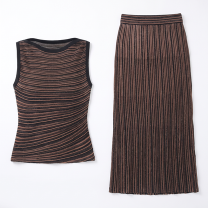 Sunoire high quality women s breathable viscose elegant sets color blocked striped regular o neck sleeveless knit top skirt set garment flatlay 01
