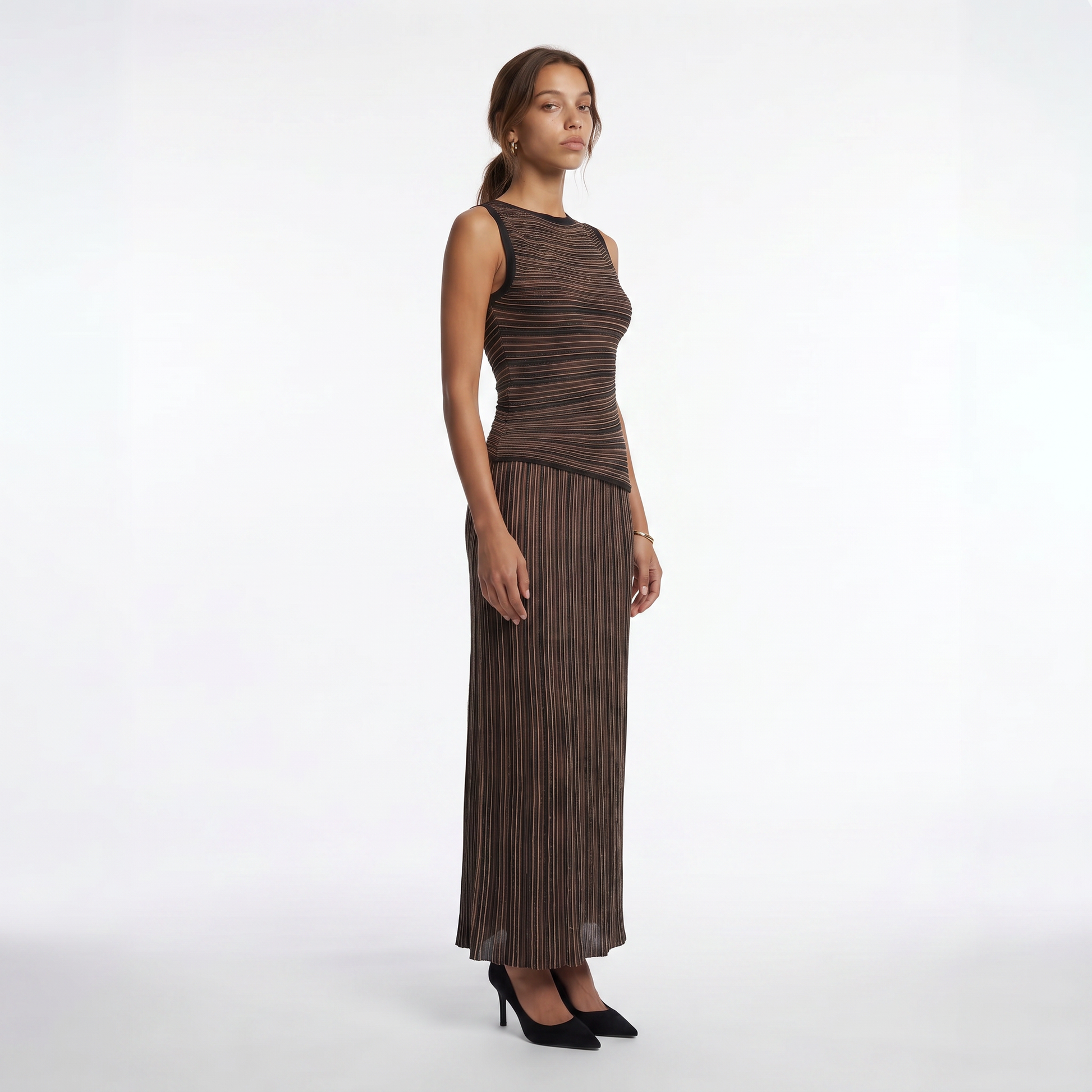 Sunoire high quality women s breathable viscose elegant sets color blocked striped regular o neck sleeveless knit top skirt set three quarter 01