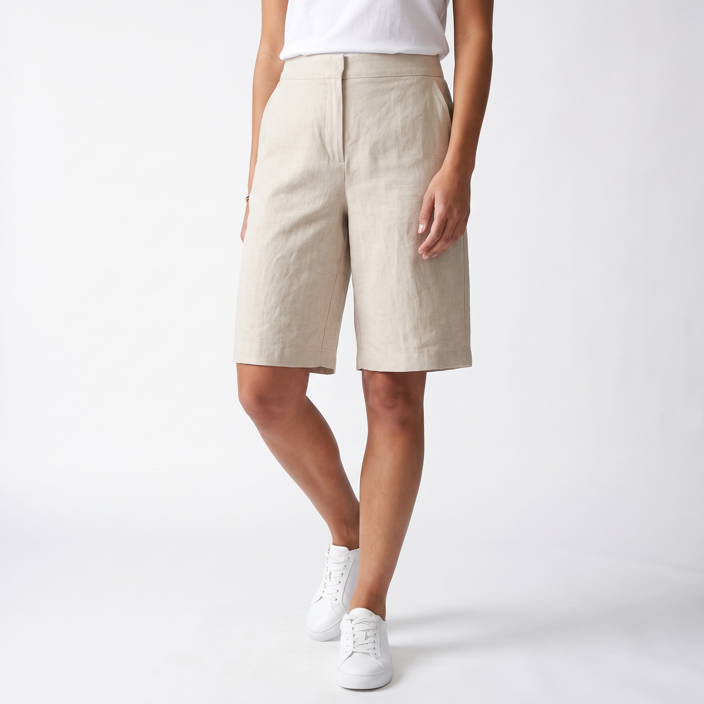 Sunoire high waist bermuda shorts wide leg cotton blend summer shorts bottom front crop 01