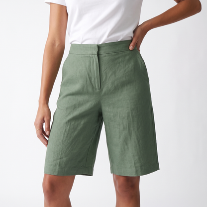 Sunoire high waist bermuda shorts wide leg cotton blend summer shorts colorway green front hero 01