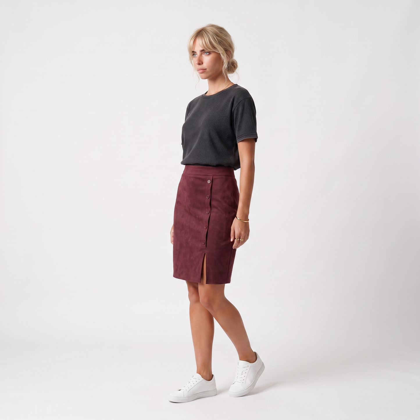 Sunoire hope minirock mit knopfleiste colorway burgundy front hero 01