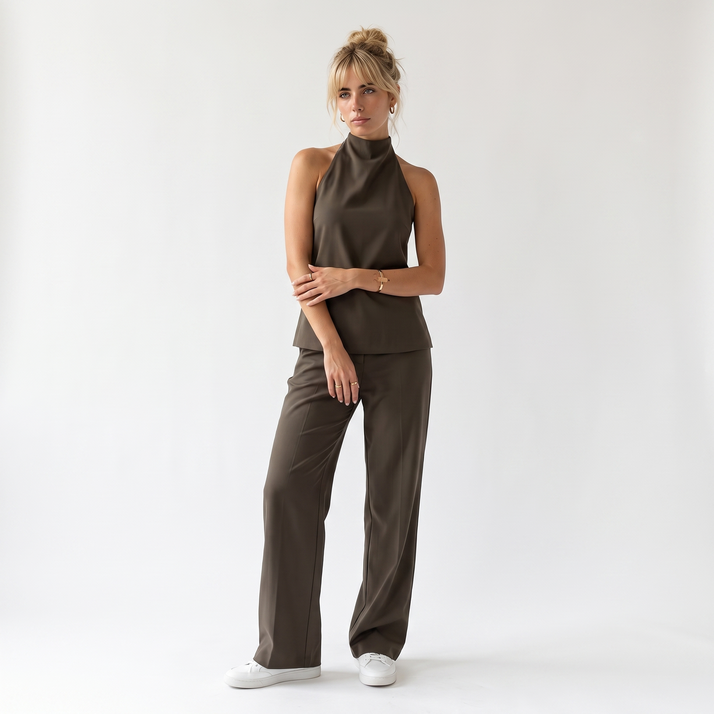 Sunoire hot selling halter sleeveless casual women casual top and pants two piece set front hero 01