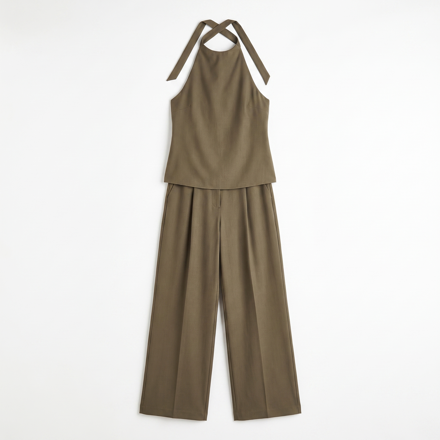 Sunoire hot selling halter sleeveless casual women casual top and pants two piece set garment flatlay 01