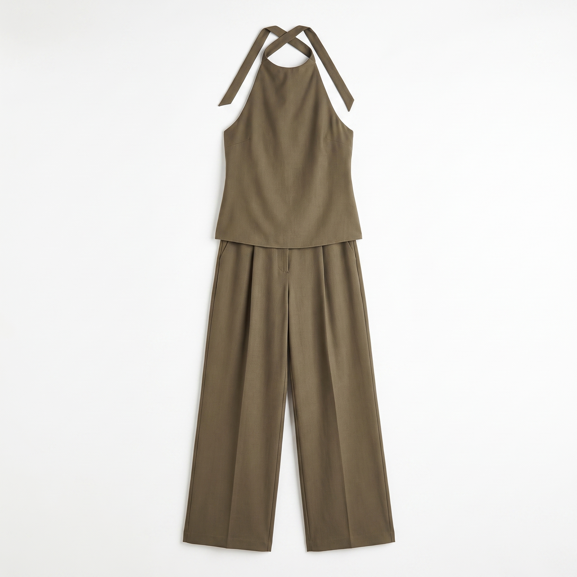 Sunoire hot selling halter sleeveless casual women casual top and pants two piece set garment flatlay 01