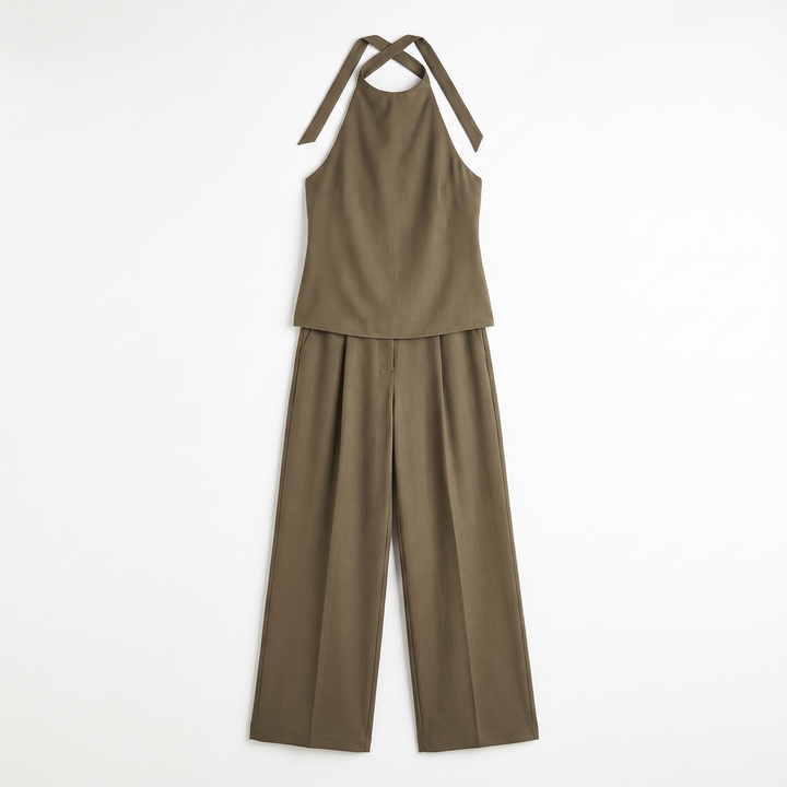 Sunoire hot selling halter sleeveless casual women casual top and pants two piece set garment flatlay 01
