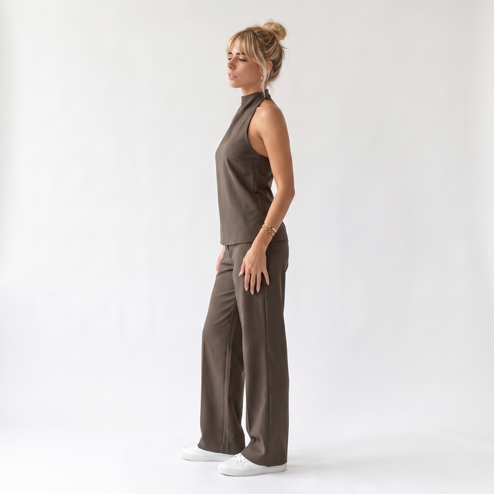 Sunoire hot selling halter sleeveless casual women casual top and pants two piece set side view 01