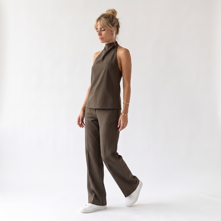 Sunoire hot selling halter sleeveless casual women casual top and pants two piece set three quarter 01