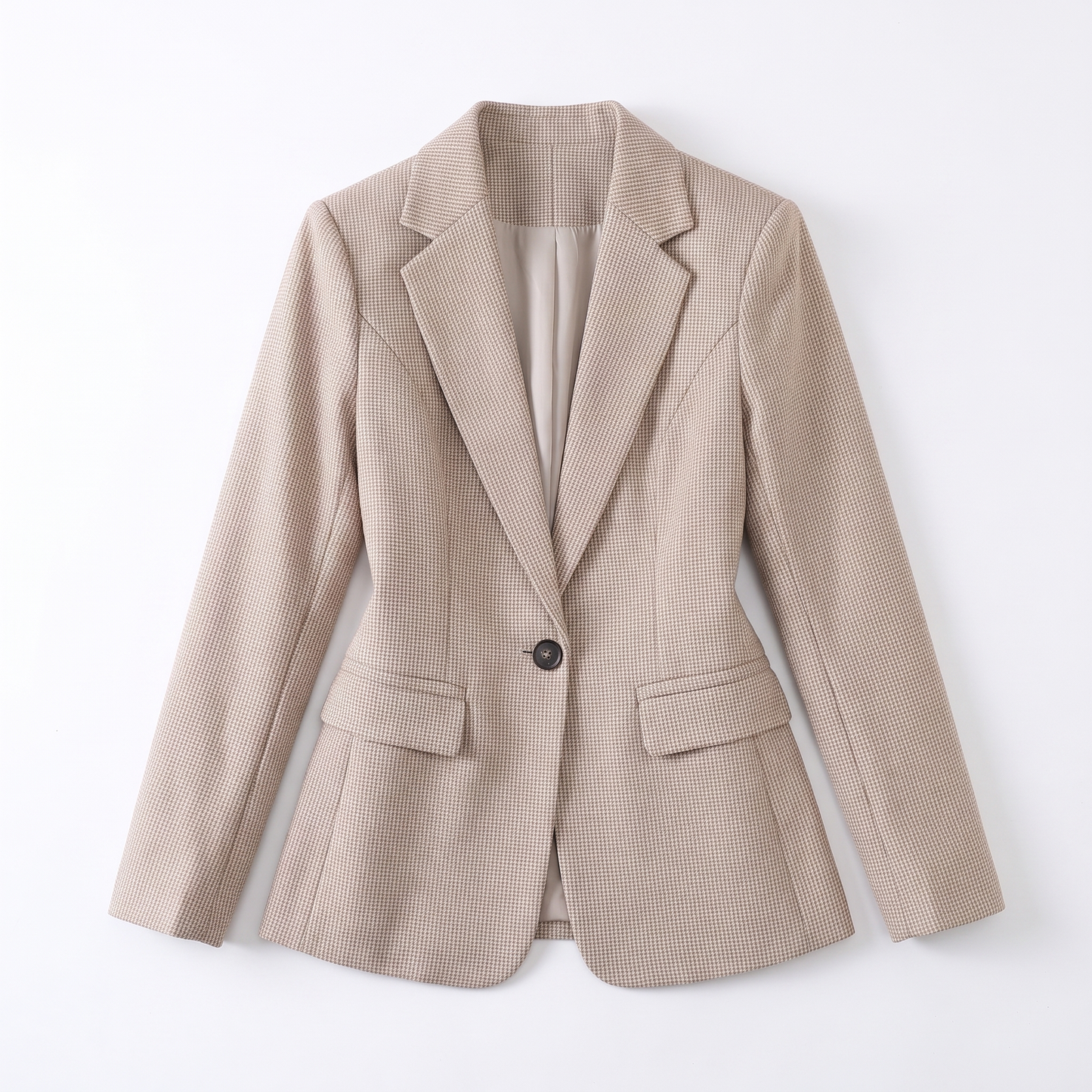Sunoire houndstooth single button blazer garment flatlay 01