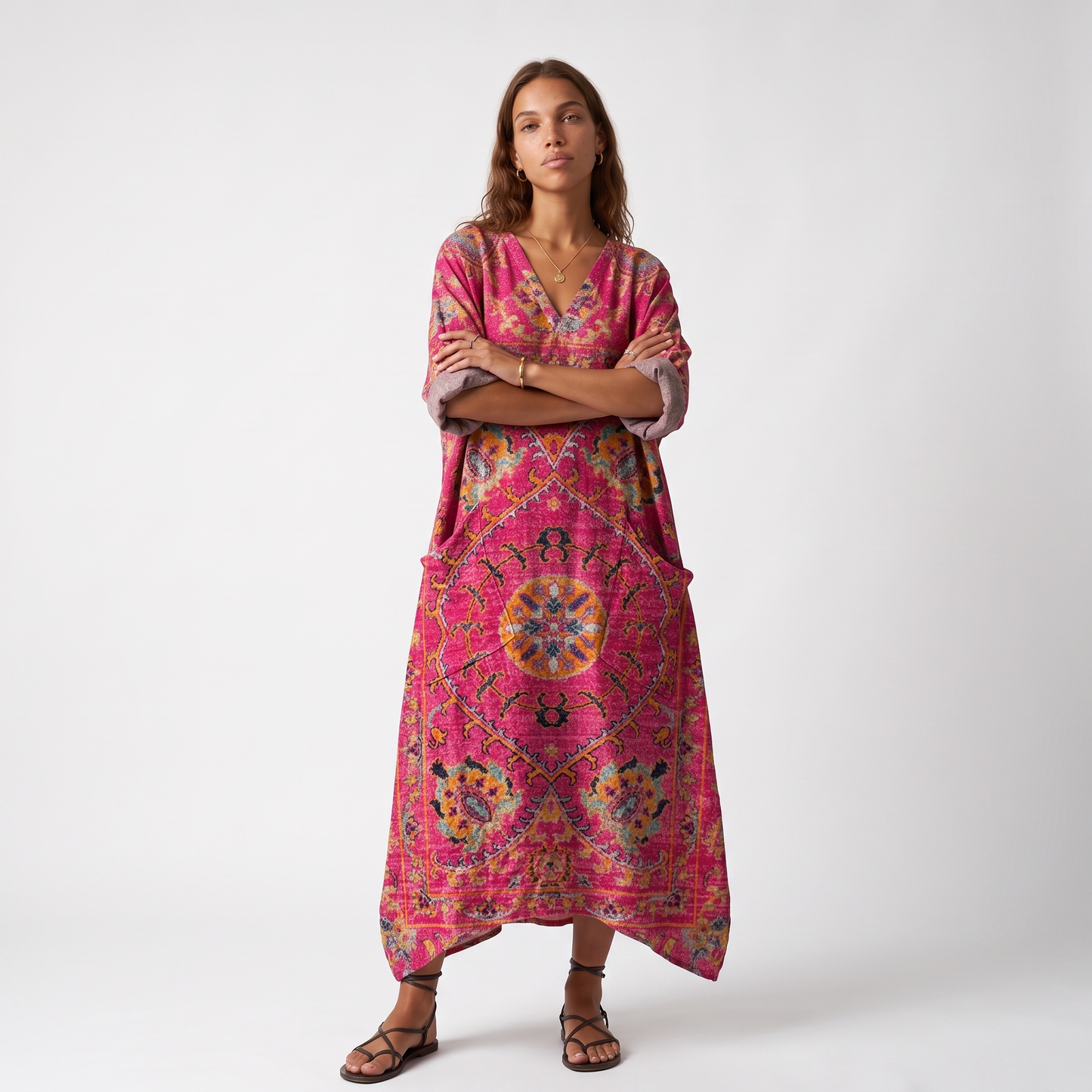 Sunoire indra womens boho front pocket oversized maxi dress colorway dark pink front hero 01