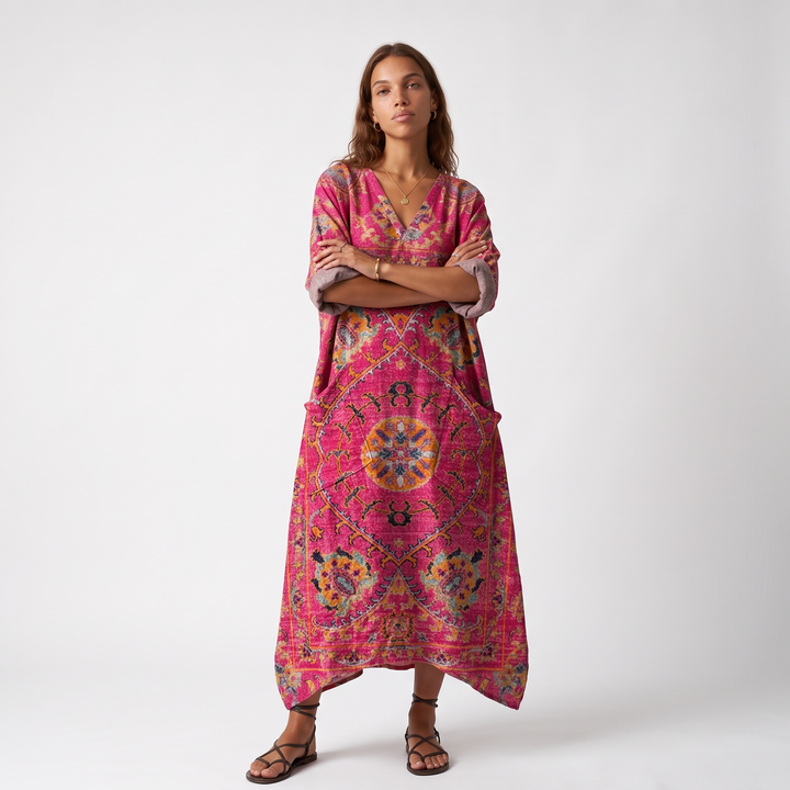 Women's Cotton V-Neck Maxi Dress – Orange Wedding Guest Dress — Orange