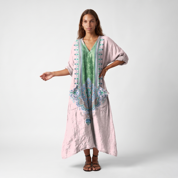 Women's Cotton V-Neck Maxi Dress – Orange Wedding Guest Dress — Light Pink