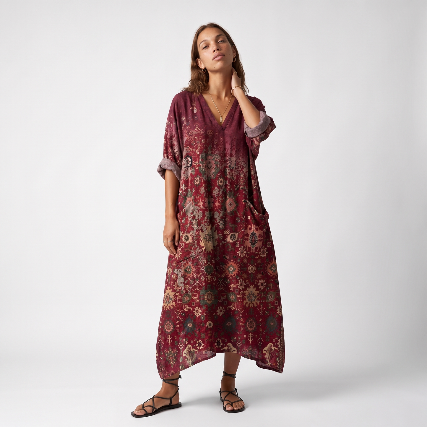 Sunoire indra womens boho front pocket oversized maxi dress colorway red front hero 01