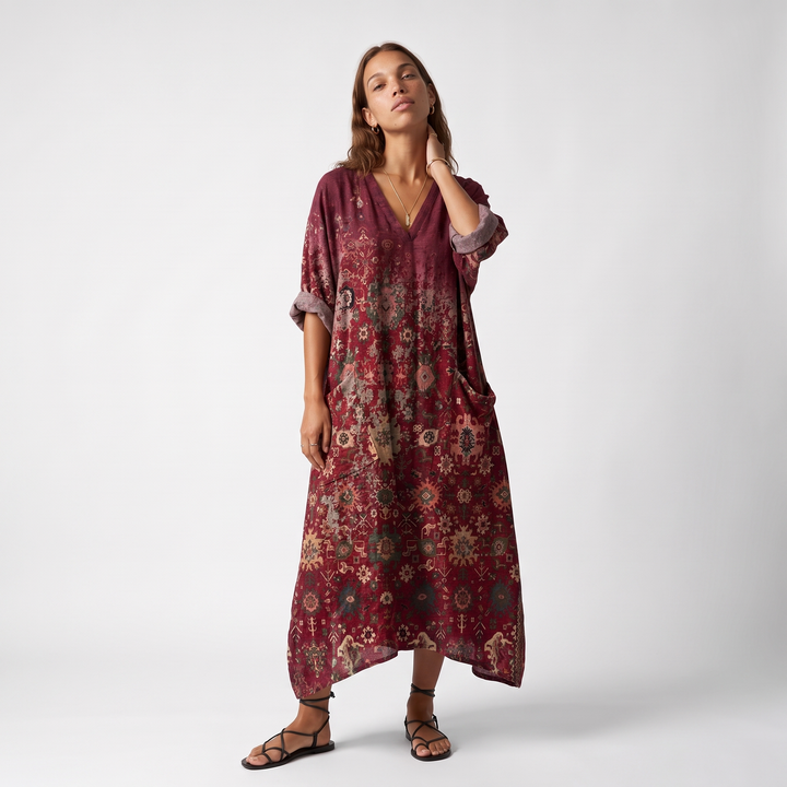 Women's Cotton V-Neck Maxi Dress – Orange Wedding Guest Dress — Red
