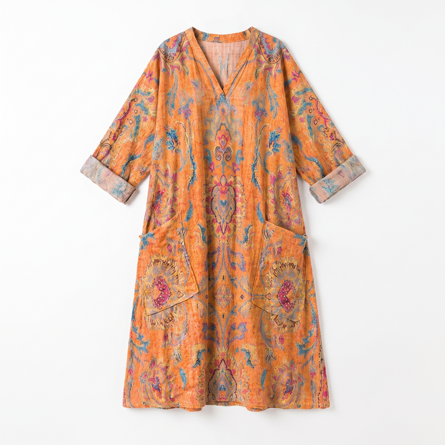 Sunoire indra womens boho front pocket oversized maxi dress garment flatlay 01