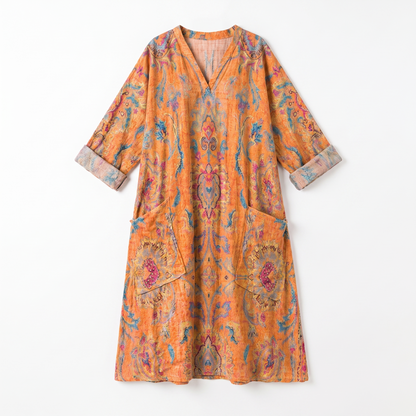 Sunoire indra womens boho front pocket oversized maxi dress garment flatlay 01