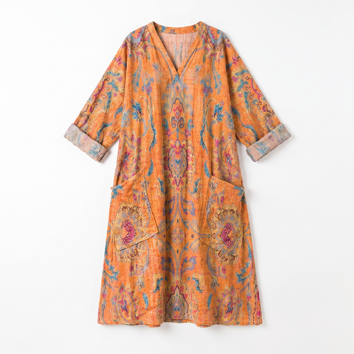 Sunoire indra womens boho front pocket oversized maxi dress garment flatlay 01