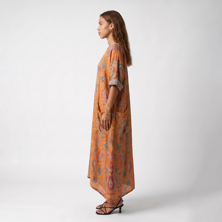 Sunoire indra womens boho front pocket oversized maxi dress side view 01