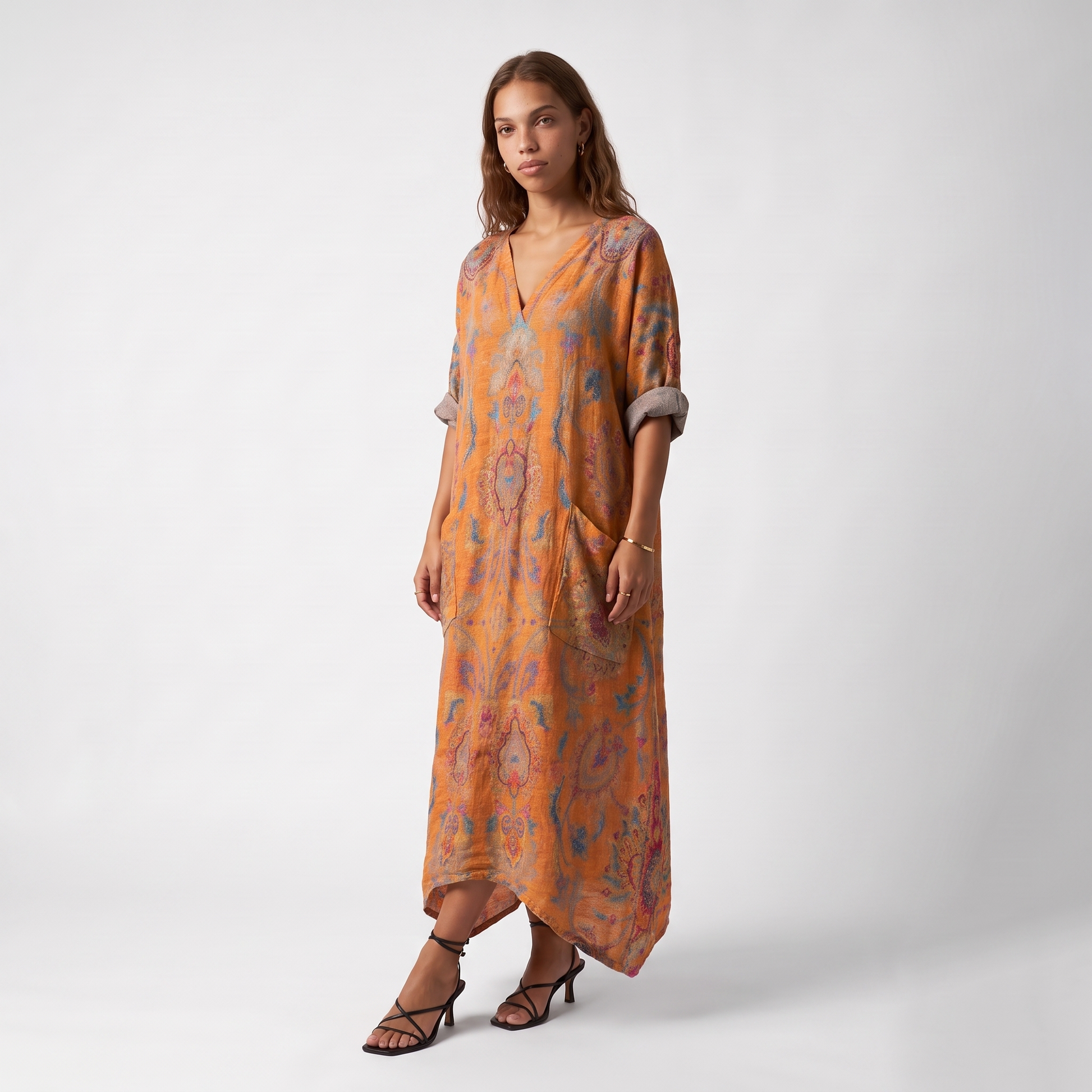 Sunoire indra womens boho front pocket oversized maxi dress three quarter 01