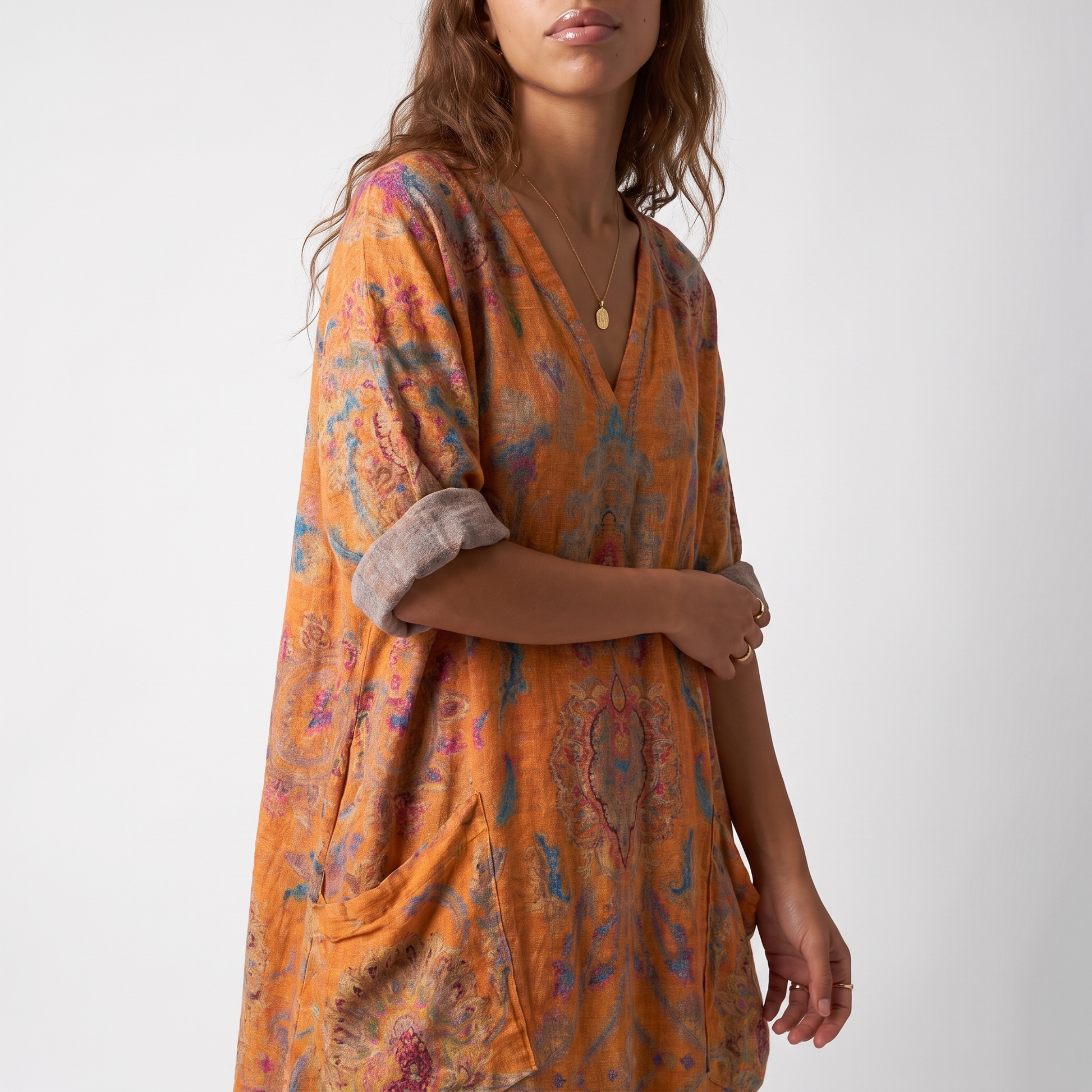 Sunoire indra womens boho front pocket oversized maxi dress torso crop 01