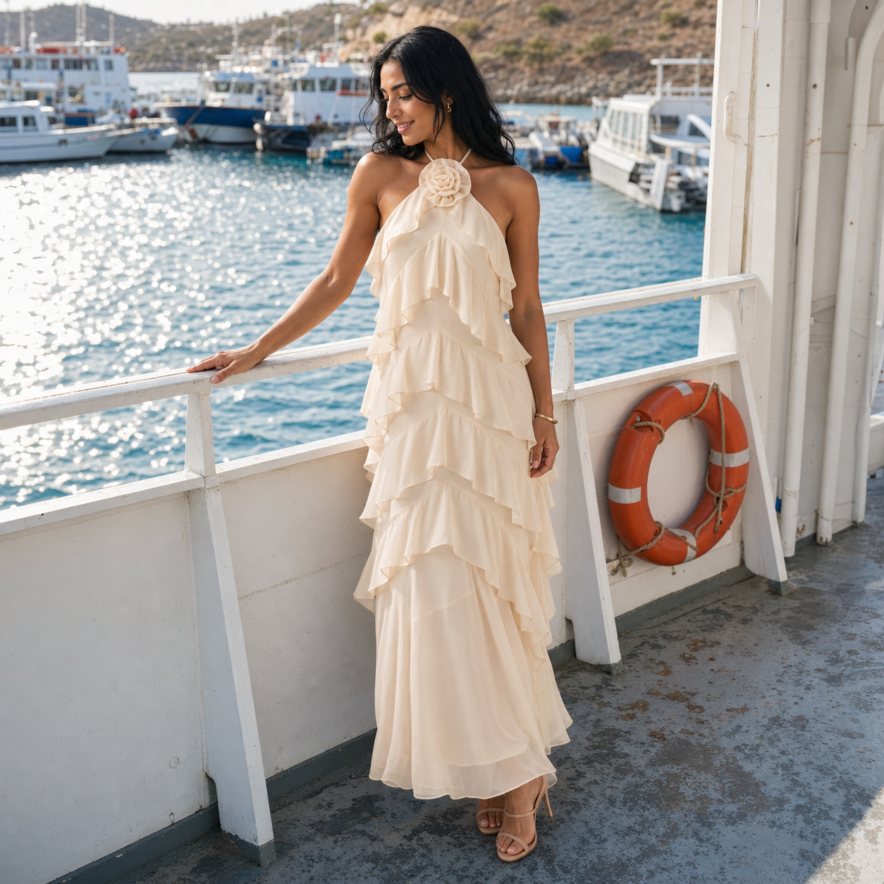 3D Rosette Halter Tiered Ruffle Maxi Dress – Cream Wedding Guest Dress — lifestyle photo