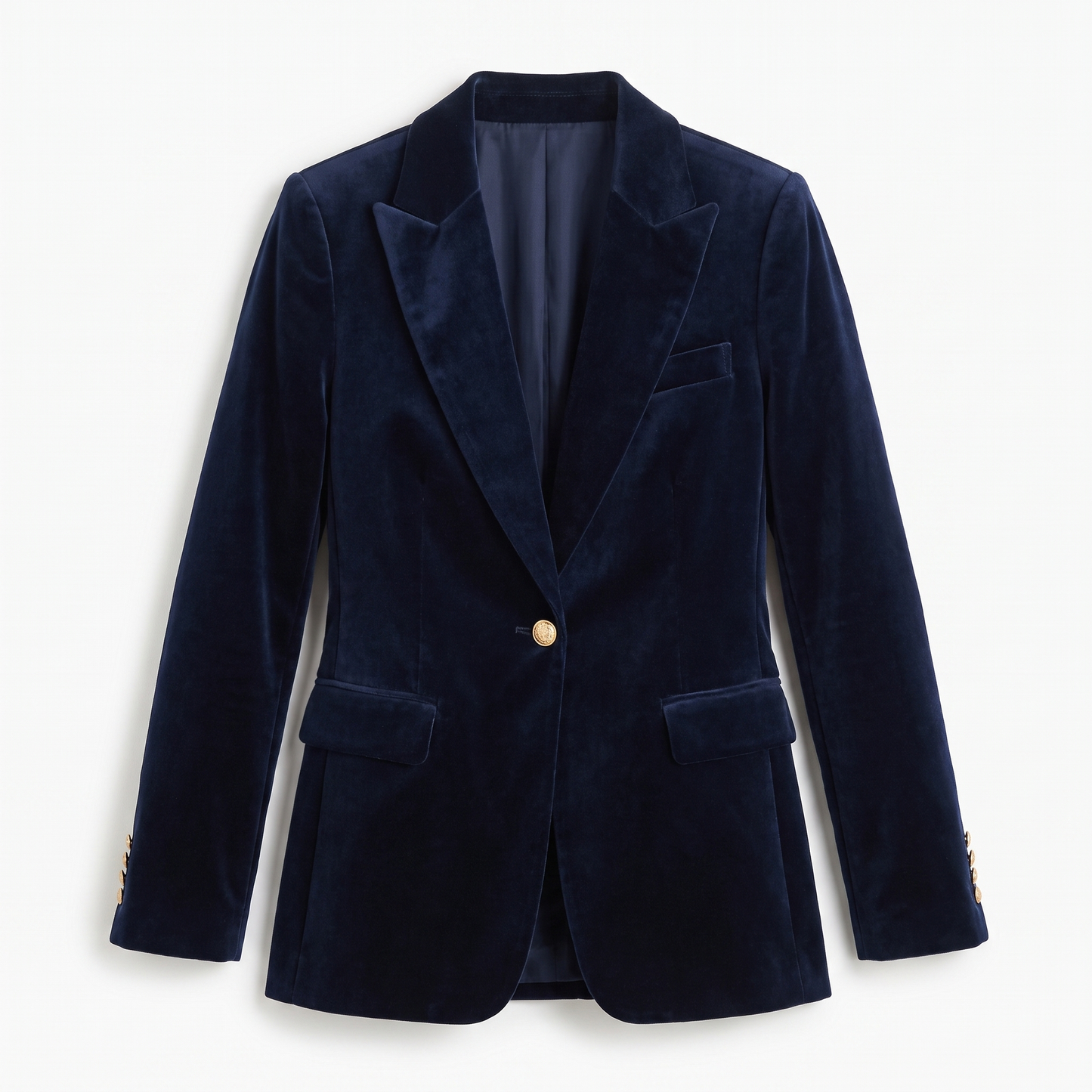 Sunoire isla womens structured velvet gold button slim fit blazer garment flatlay 01
