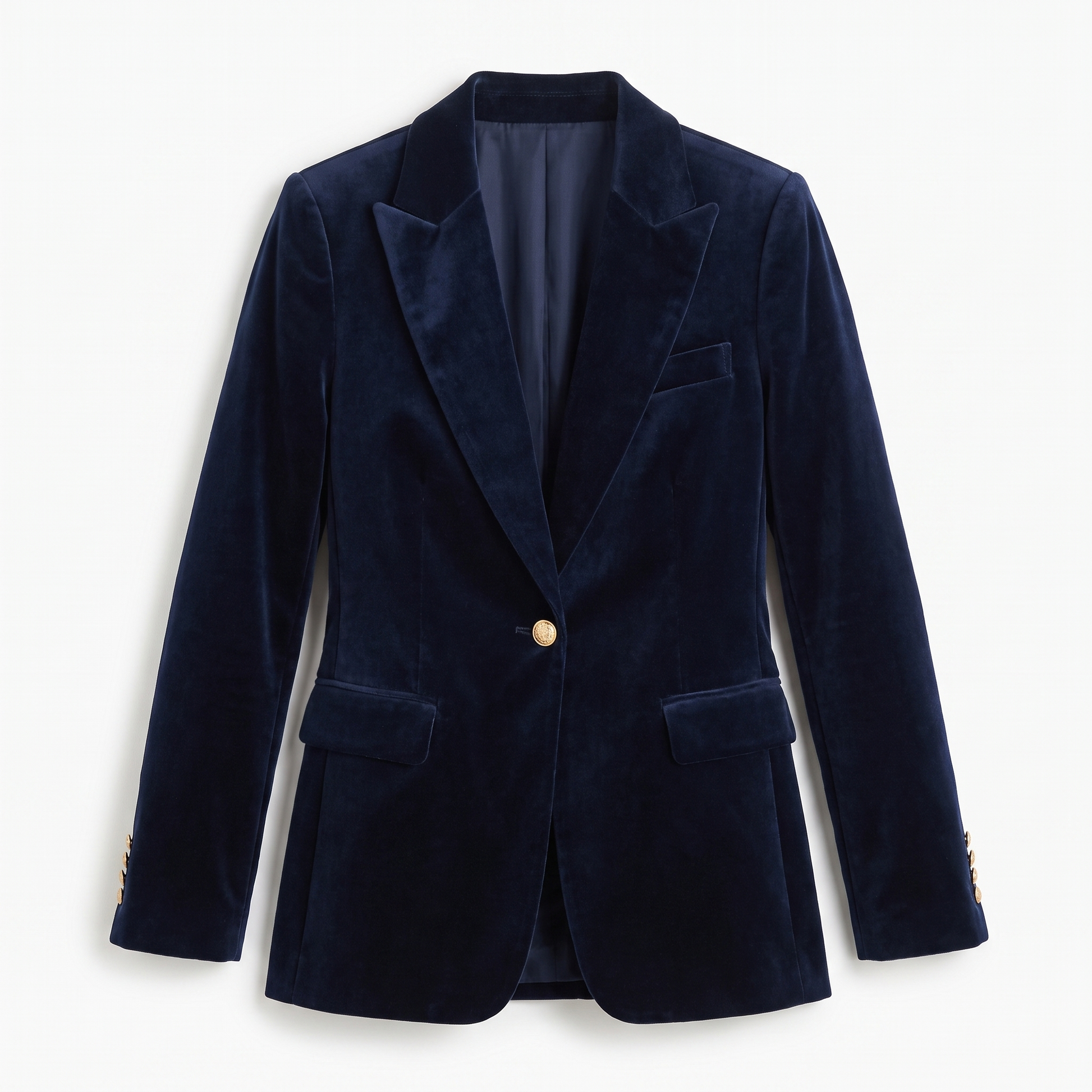 Sunoire isla womens structured velvet gold button slim fit blazer garment flatlay 01